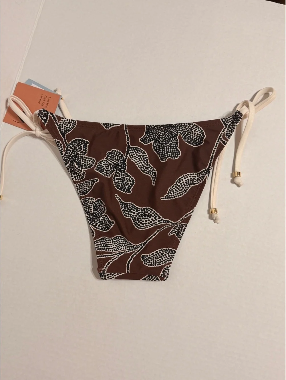 Shade & Shore M Brown Floral Low Rise High Leg Cheeky Tie Side Bikini Bottom NWT